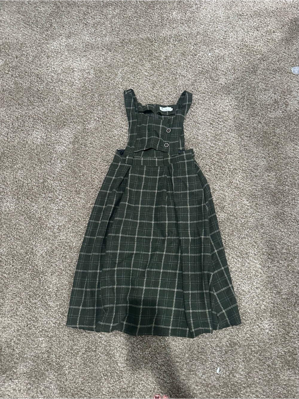 Green Plaid Pinafore Midi Dress with Buttoned Bodice